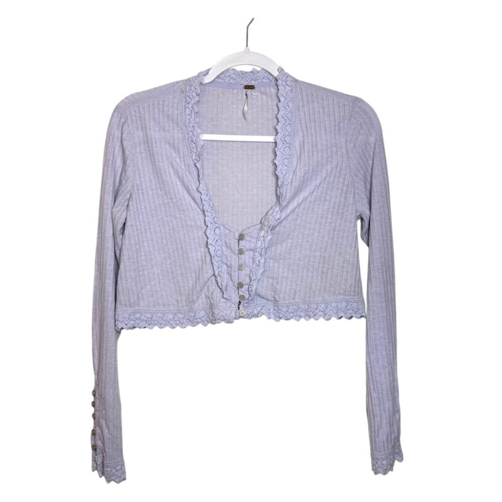 Free People Third Date Crop Top Women XS Lilac Lace Button Ruffles Boho Girly